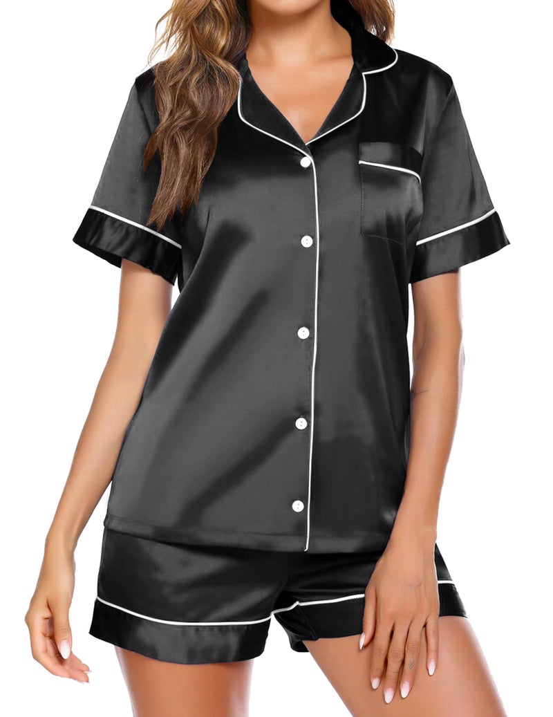 Ekouaer Women's Pajama Sets Silk Pjs Satin Sleepwear Button Down Sleep Set Summer Loungewear Top and Shorts Pjs BlackSmall - Image 1